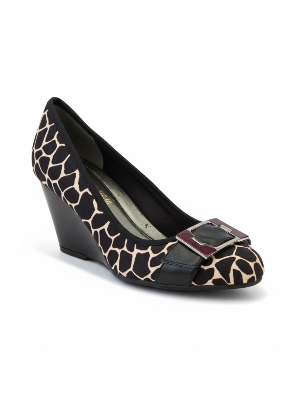NEW! Bandolino Giraffe-Print Wedge Pump with Decorative Buckle - Black & Cream